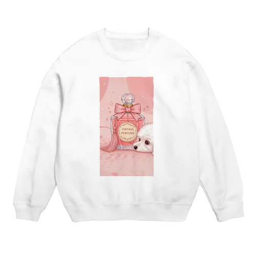 ヴィンテージ香水と白い犬のイラスト｜可愛いピンク系デザイン Crew Neck Sweatshirt