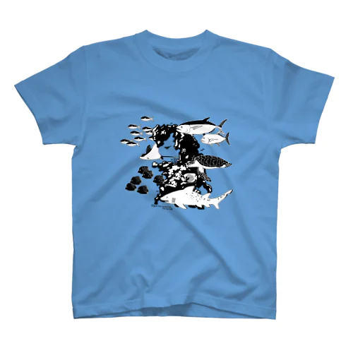 青色の魚イラストTシャツ 生きた化石（古代魚）シーラカンス君のキュートでお洒落な
