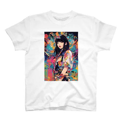黒い背景にカラフルなドレスを着た女性の絵 Regular Fit T-Shirt