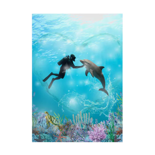【心でつながる海の世界】〜ダイバーとイルカの感動アート〜 Stickable Poster