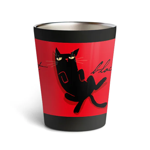 真紅の絨毯の上の黒猫 Thermo Tumbler