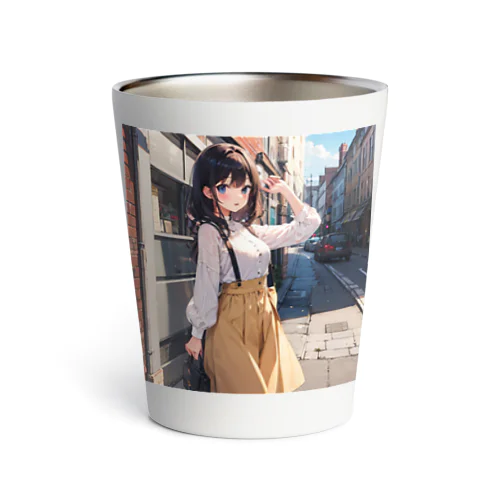 A young girl with blue hair. She is holding a black purse and looking up. A cute girl with blue hair,wearing a yellow sk Thermo Tumbler