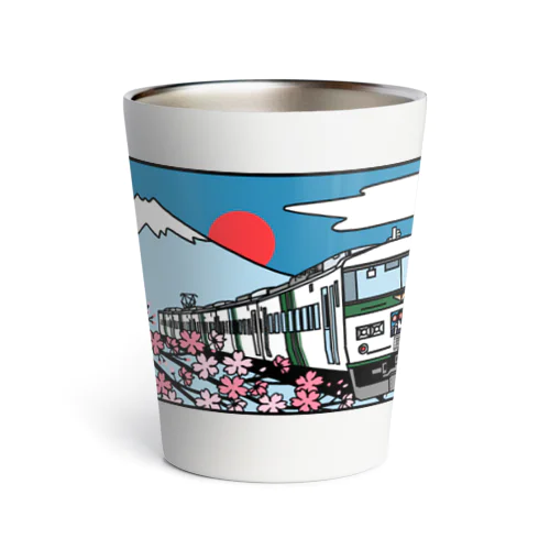 鉄道：「踊り子」18５系と富士山、桜　イラスト Thermo Tumbler