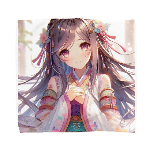 春の光に 照らされる少女 花と共に 手を通す時空 未来への誘い Towel Handkerchief