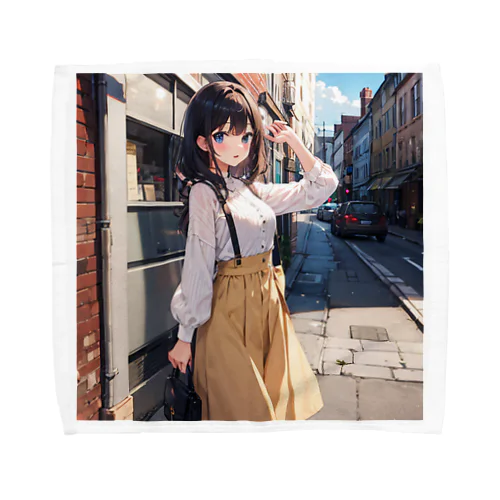 A young girl with blue hair. She is holding a black purse and looking up. A cute girl with blue hair,wearing a yellow sk Towel Handkerchief
