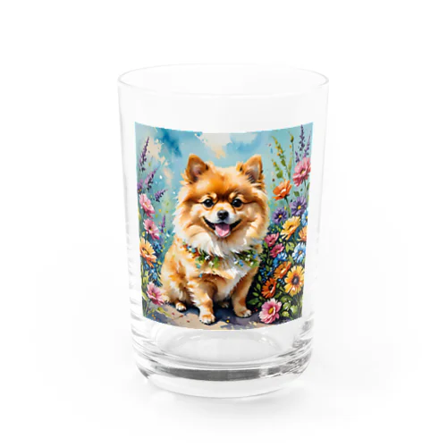 花に囲まれたポメラニアン Water Glass