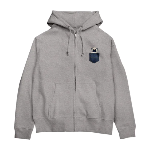 デニムポケットからパグ Zip Hoodie