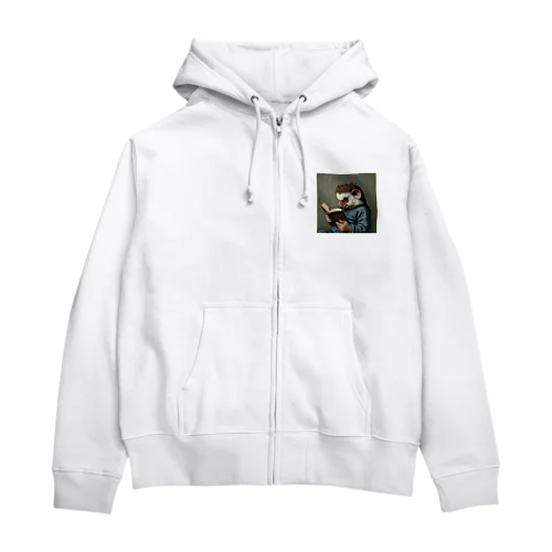 包帯を巻いた耳で本を読むハリネズミのゴッホ風の絵 Zip Hoodie